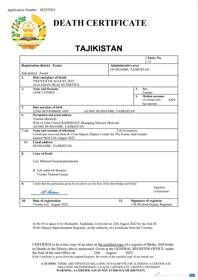 Download Tajikistan vital record death certificate Word and PDF template Photoshop template